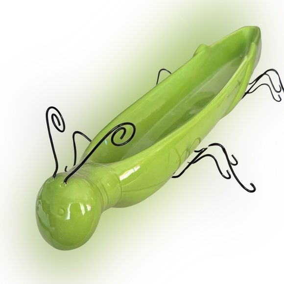 2 Vintage Grass Green Ceramic Grasshopper Appetizer Boat Charcuterie Tray w/legs - Picture 3 of 5